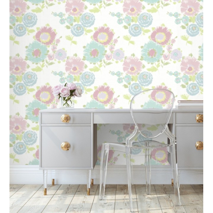 Papel pintado de flores grandes colores pasteles rosa y celeste - Micaela Spring 682131
