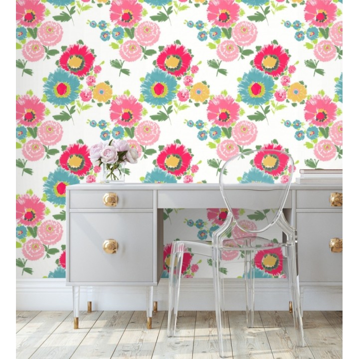 Papel pintado de flores grandes colores intensos fucsia y celeste - Micaela Spring 682132