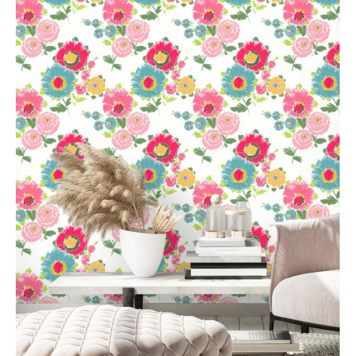Papel pintado de flores grandes colores intensos fucsia y celeste - Micaela Spring 682132