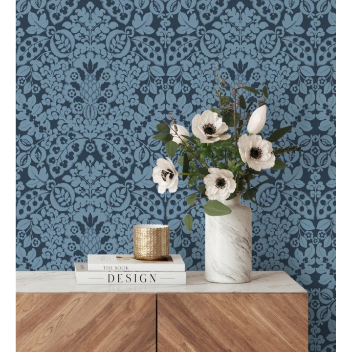 Papel pintado damasco estilo francés color intenso azul oscuro - Reiko 682135