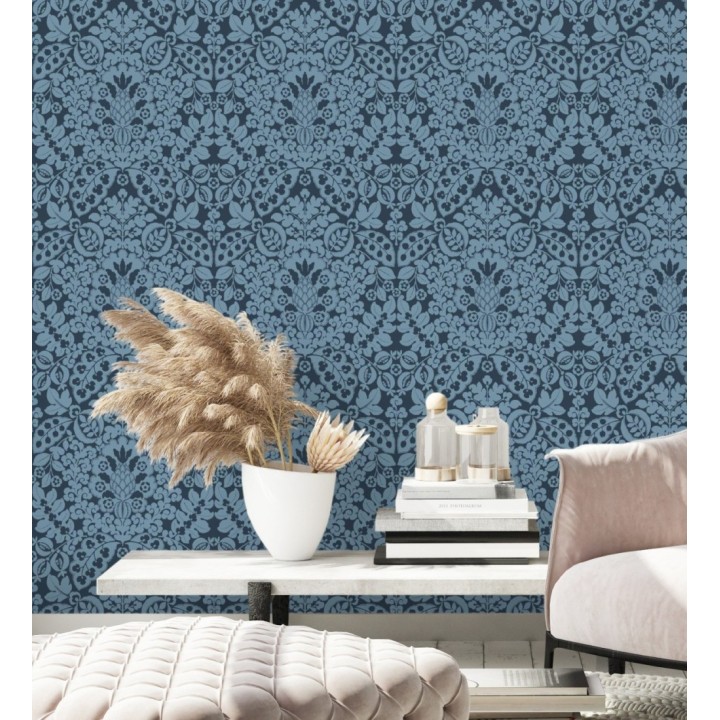 Papel pintado damasco estilo francés color intenso azul oscuro - Reiko 682135