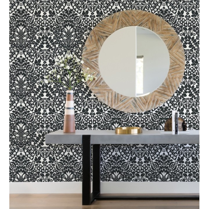 Papel pintado damasco estilo francés color intenso negro - Reiko 682138