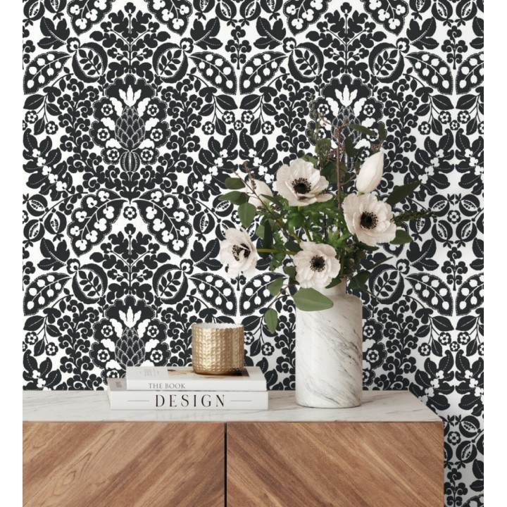 Papel pintado damasco estilo francés color intenso negro - Reiko 682138