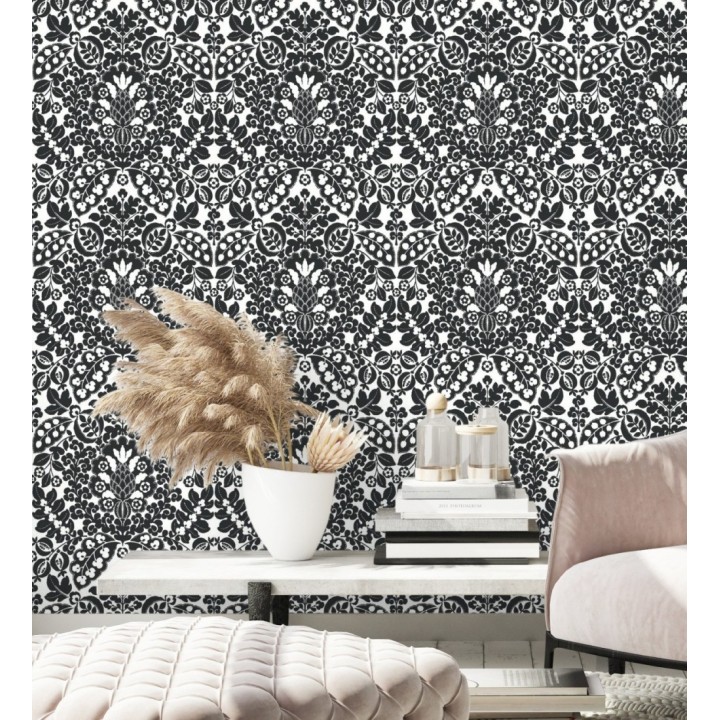 Papel pintado damasco estilo francés color intenso negro - Reiko 682138
