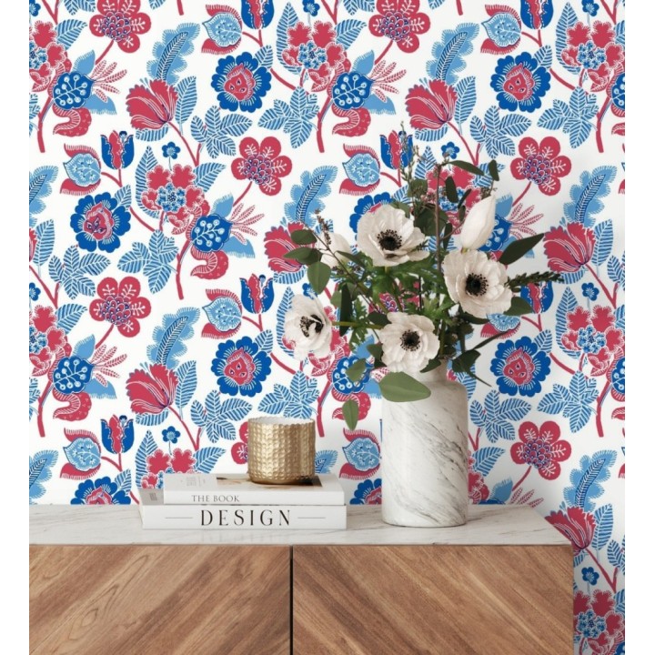 Papel pintado de flores colores intenso rojos y azul - Milenka 682139