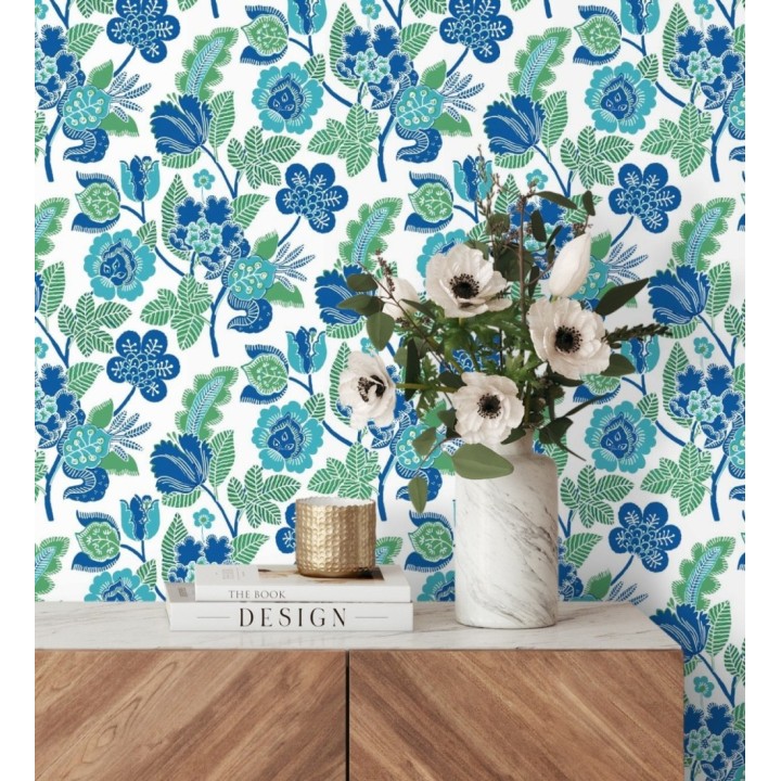 Papel pintado de flores colores intenso azul y verde - Milenka 682140