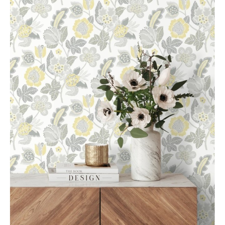 Papel pintado de flores tonos amarillos y grises - Milenka 682142