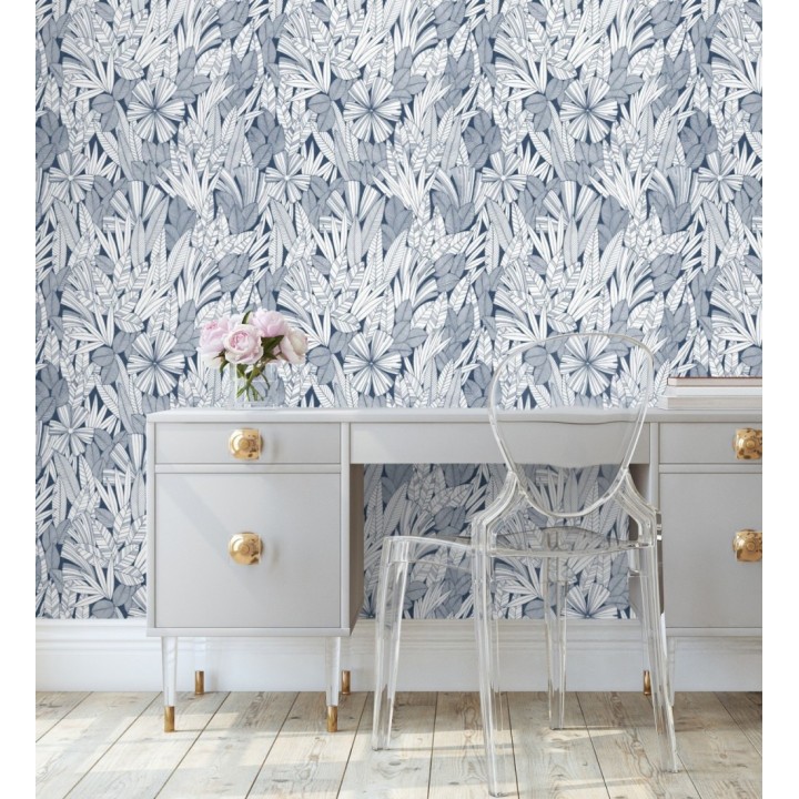 Papel pintado de flores y hojas color azul - Anude Tropical 682143