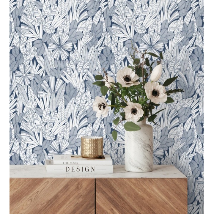 Papel pintado de flores y hojas color azul - Anude Tropical 682143