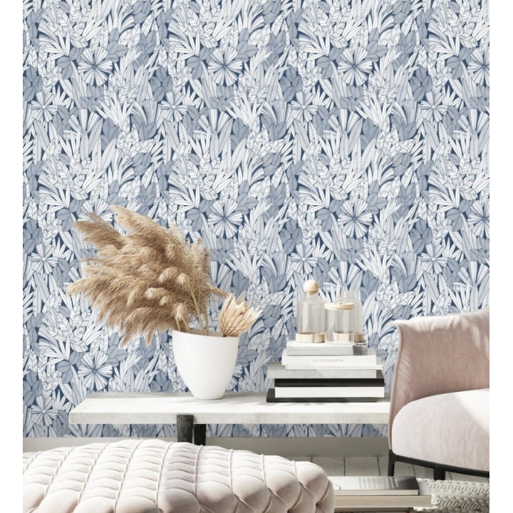 Papel pintado de flores y hojas color azul - Anude Tropical 682143