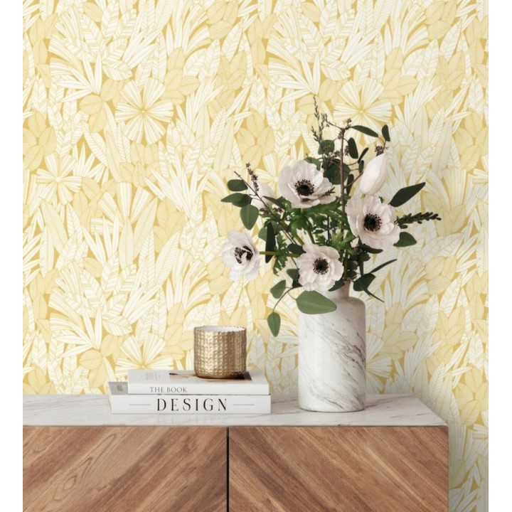 Papel pintado de flores y hojas color amarillo - Anude Tropical 682144