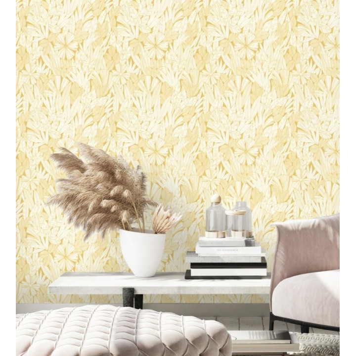 Papel pintado de flores y hojas color amarillo - Anude Tropical 682144
