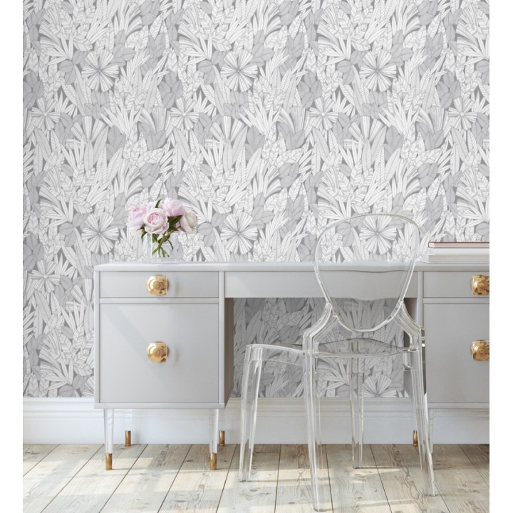 Papel pintado de flores y hojas color gris - Anude Tropical 682145