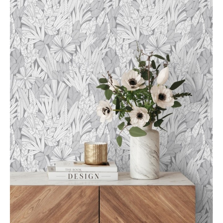 Papel pintado de flores y hojas color gris - Anude Tropical 682145