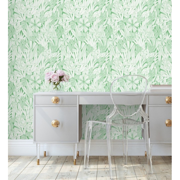 Papel pintado de flores y hojas color verde - Anude Tropical 682146