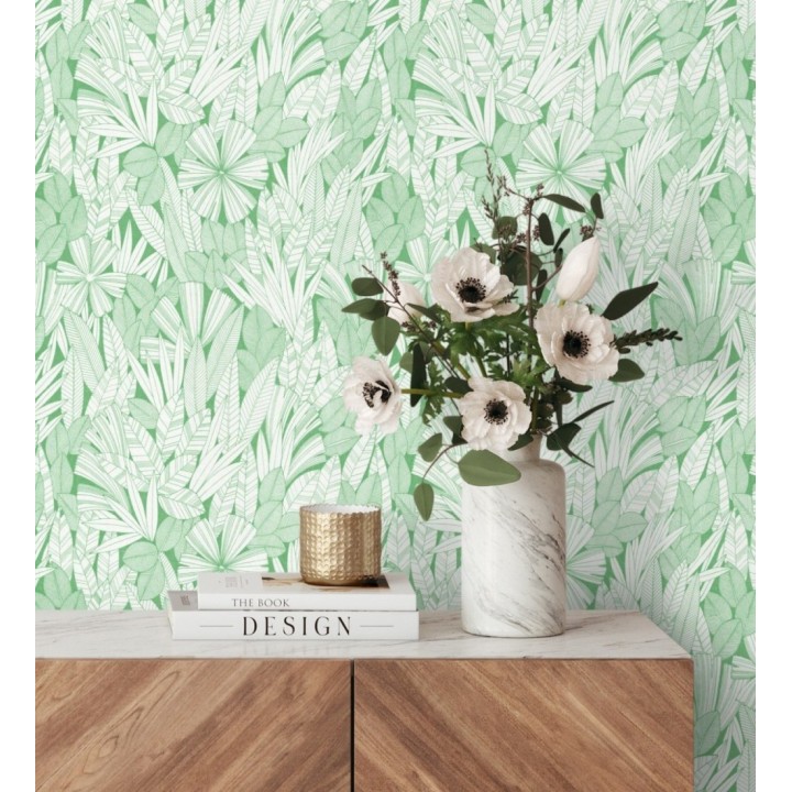 Papel pintado de flores y hojas color verde - Anude Tropical 682146