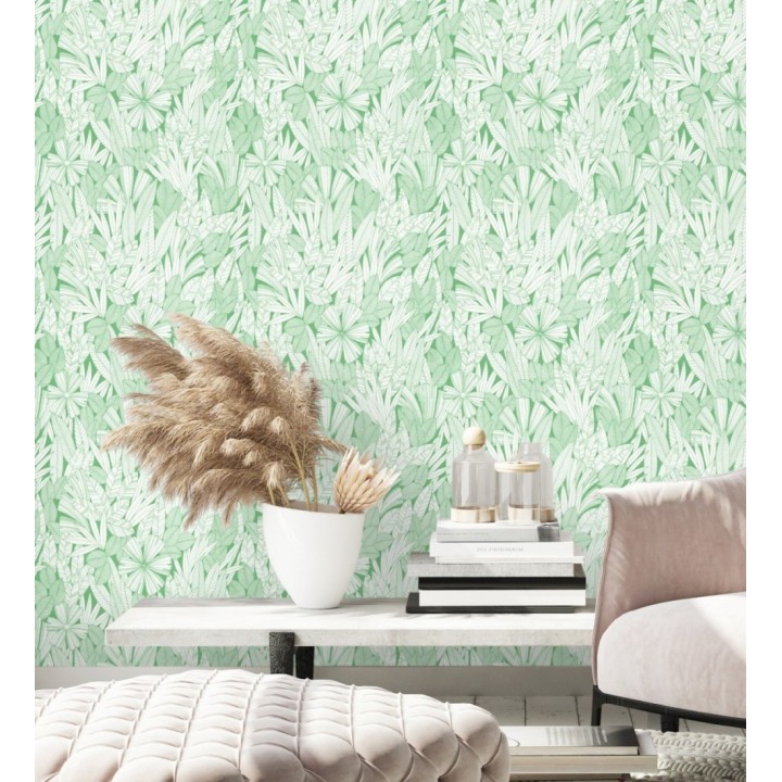Papel pintado de flores y hojas color verde - Anude Tropical 682146