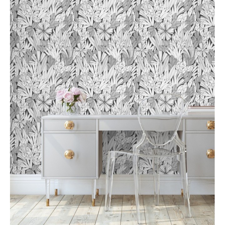Papel pintado de flores y hojas color negro - Anude Tropical 682147