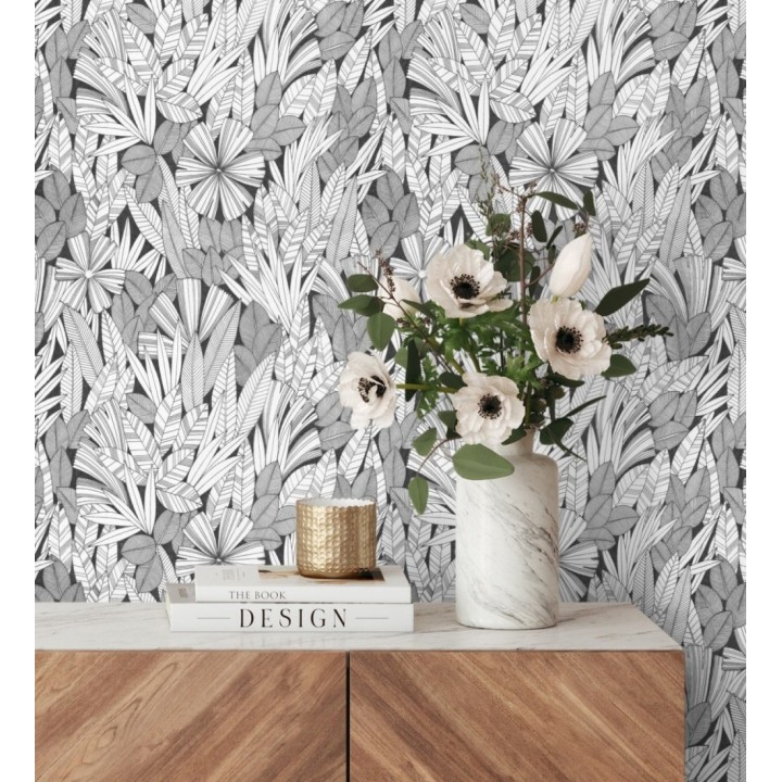 Papel pintado de flores y hojas color negro - Anude Tropical 682147
