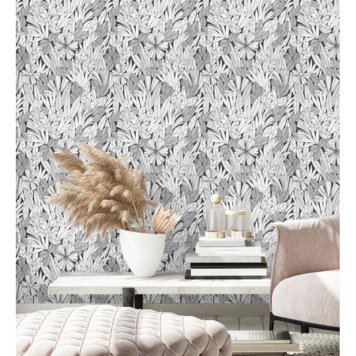 Papel pintado de flores y hojas color negro - Anude Tropical 682147