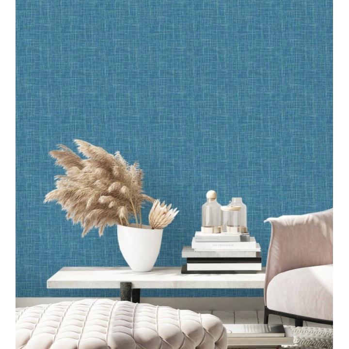 Papel pintado liso imitación lino color intenso azul - Airam Linen 682152