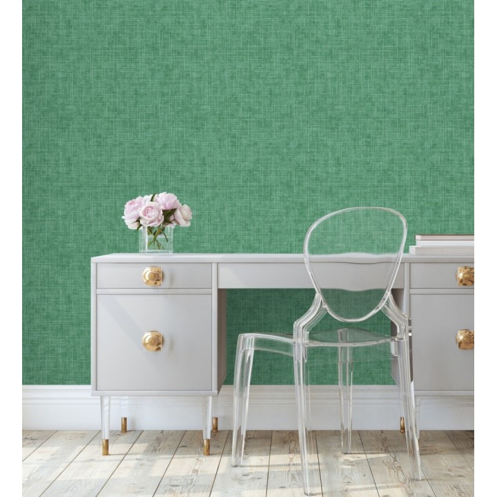 Papel pintado liso imitación lino color intenso verde - Airam Linen 682154