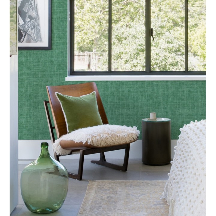 Papel pintado liso imitación lino color intenso verde - Airam Linen 682154