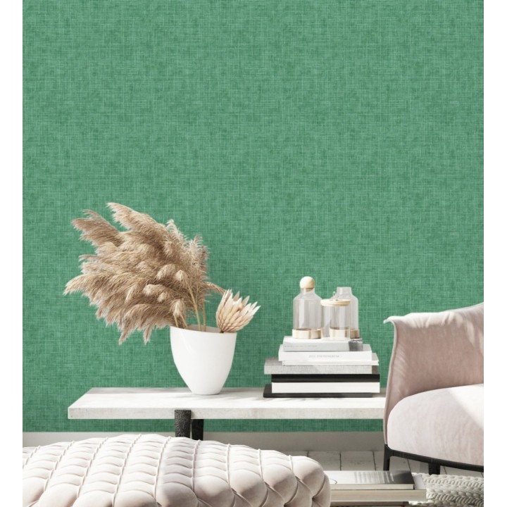 Papel pintado liso imitación lino color intenso verde - Airam Linen 682154
