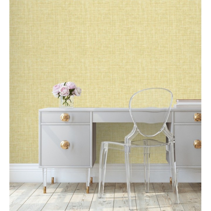 Papel pintado liso imitación lino color intenso amarillo mostaza - Airam Linen 682157