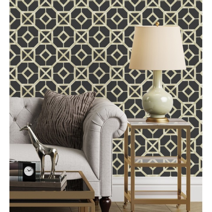 Papel pintado de celosía dorada fondo negro - Evan House 682291