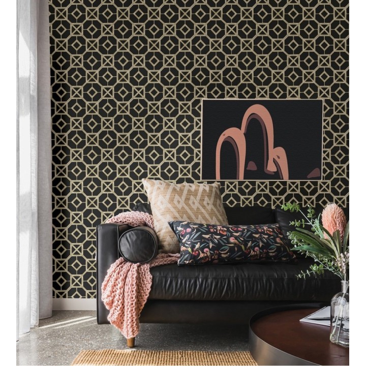 Papel pintado de celosía dorada fondo negro - Evan House 682291