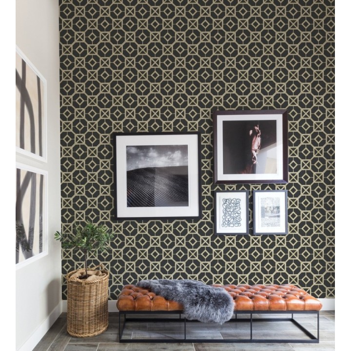 Papel pintado de celosía dorada fondo negro - Evan House 682291