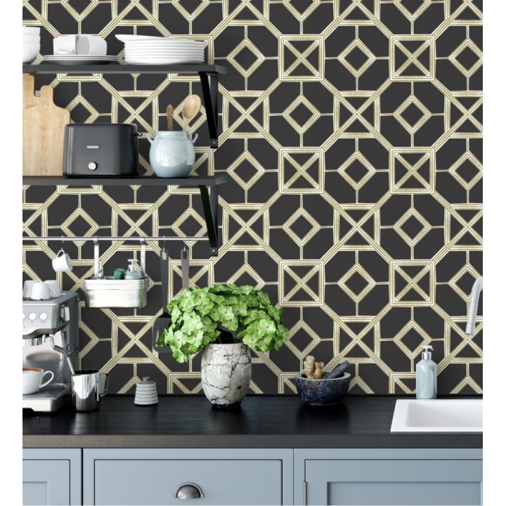 Papel pintado de celosía dorada fondo negro - Evan House 682291