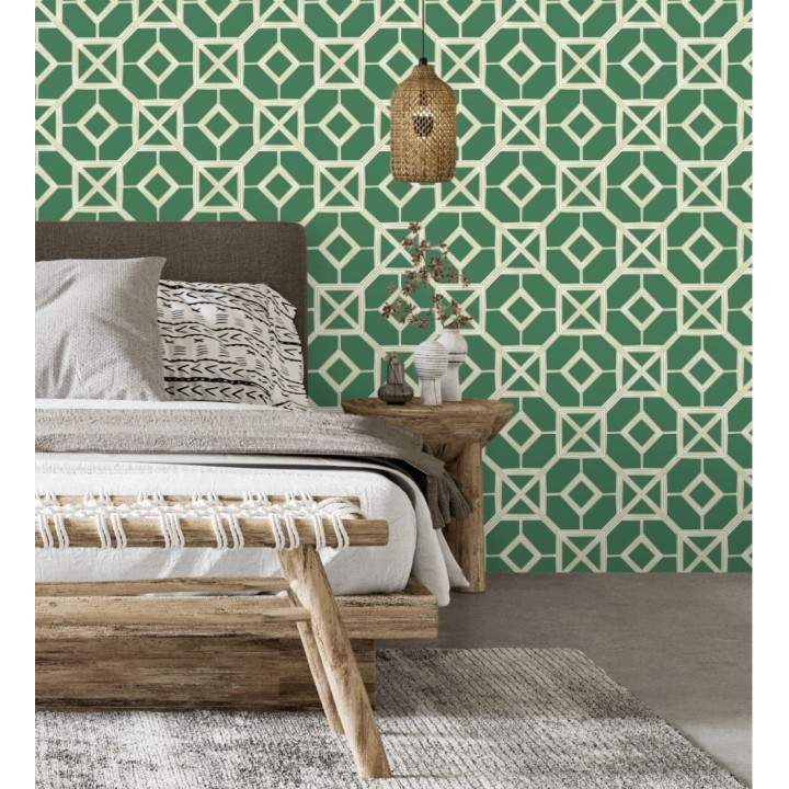 Papel pintado de celosía dorada fondo verde - Evan House 682292
