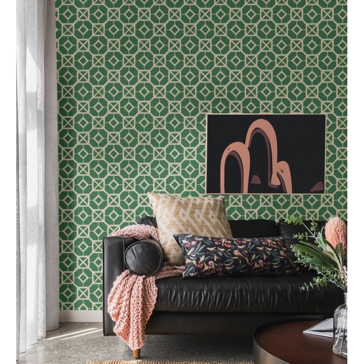 Papel pintado de celosía dorada fondo verde - Evan House 682292