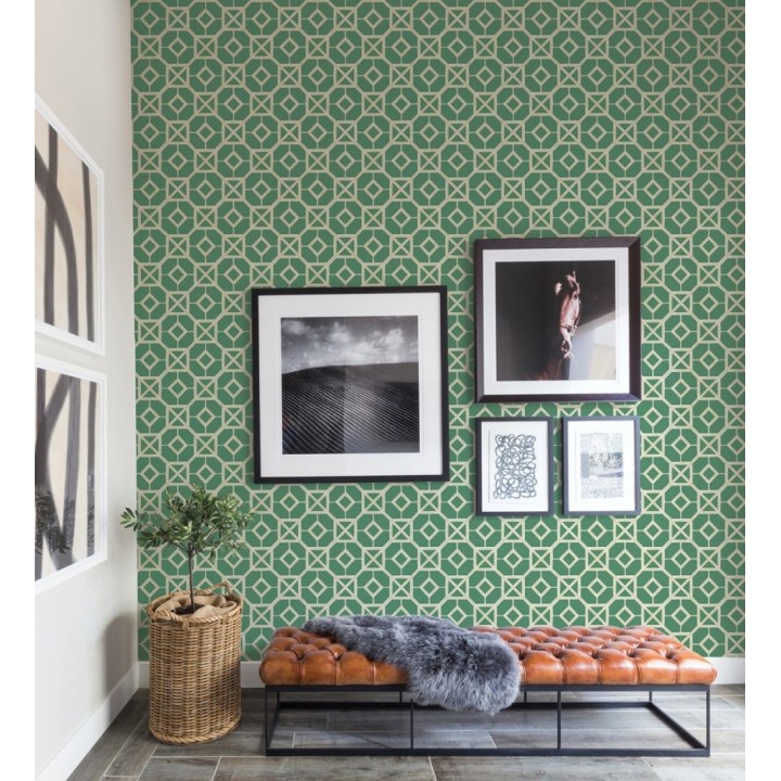 Papel pintado de celosía dorada fondo verde - Evan House 682292