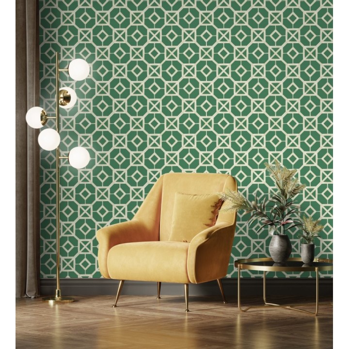 Papel pintado de celosía dorada fondo verde - Evan House 682292