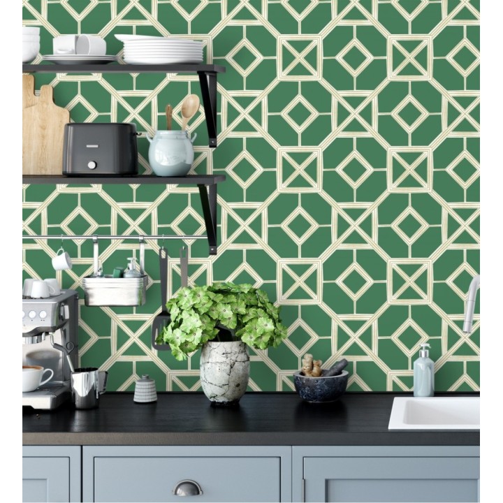 Papel pintado de celosía dorada fondo verde - Evan House 682292