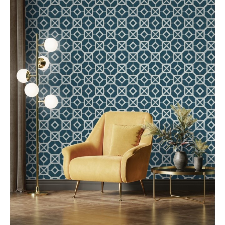 Papel pintado celosía metalizada fondo azul - Evan House 682293