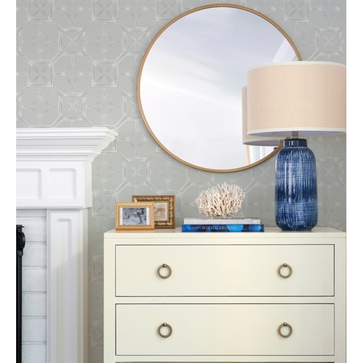 Papel pintado celosía metalizada fondo gris verdoso - Evan House 682294