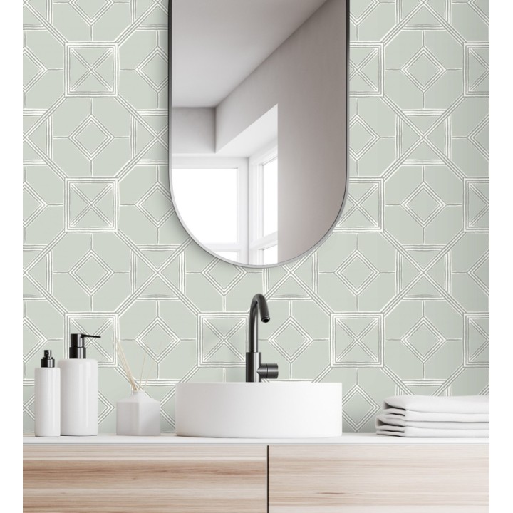 Papel pintado celosía metalizada fondo gris verdoso - Evan House 682294