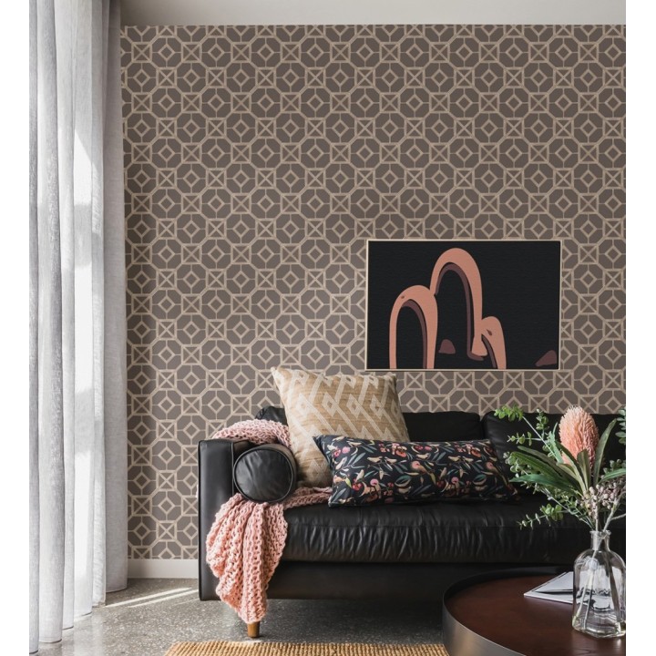 Papel pintado celosía cobrizo fondo marrón visón - Evan House 682295