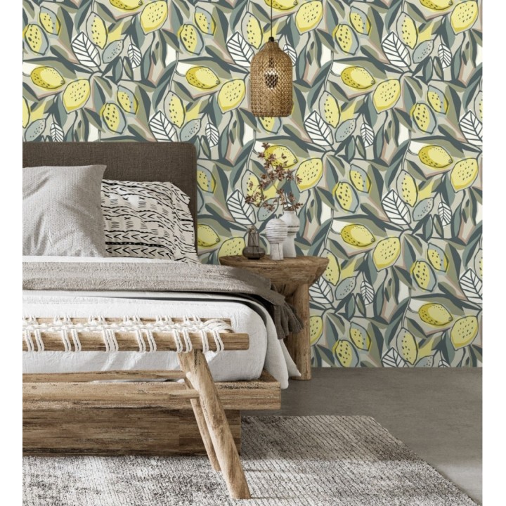 Papel pintado de limones y hojas color amarillo y verde - Ginger Lemons 682300