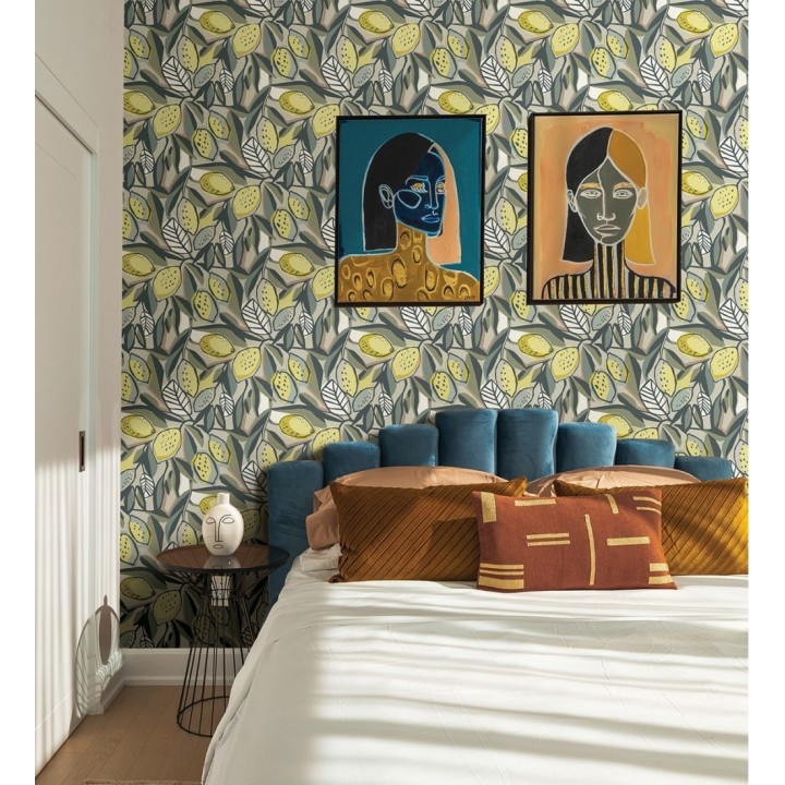 Papel pintado de limones y hojas color amarillo y verde - Ginger Lemons 682300