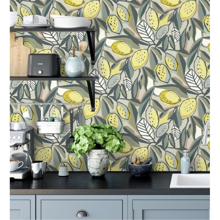 Papel pintado de limones y hojas color amarillo y verde - Ginger Lemons 682300