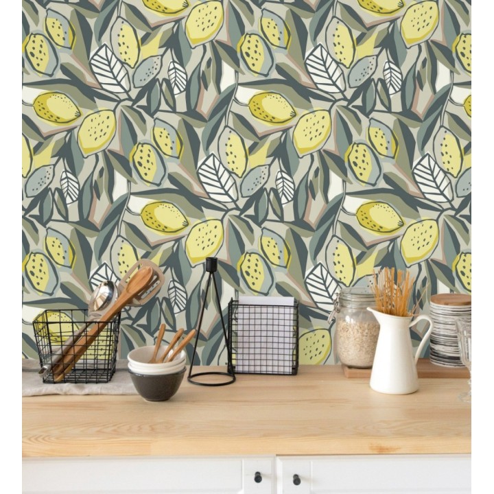 Papel pintado de limones y hojas color amarillo y verde - Ginger Lemons 682300