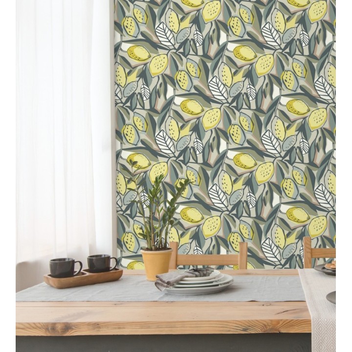 Papel pintado de limones y hojas color amarillo y verde - Ginger Lemons 682300