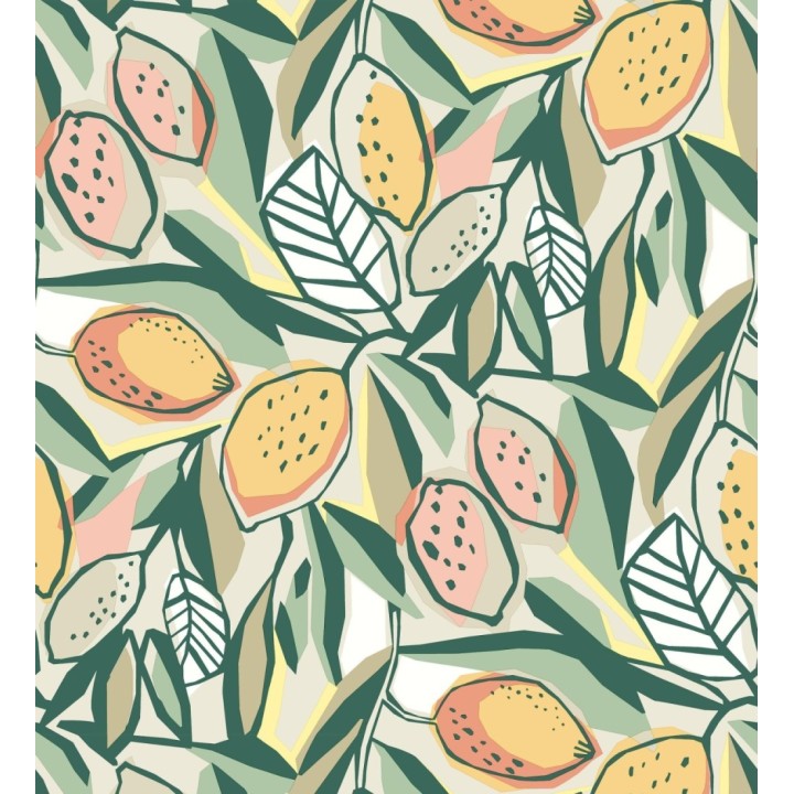 Papel pintado de limones y hojas color naranja y verde - Ginger Lemons 682301