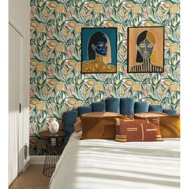 Papel pintado de limones y hojas color naranja y verde - Ginger Lemons 682301