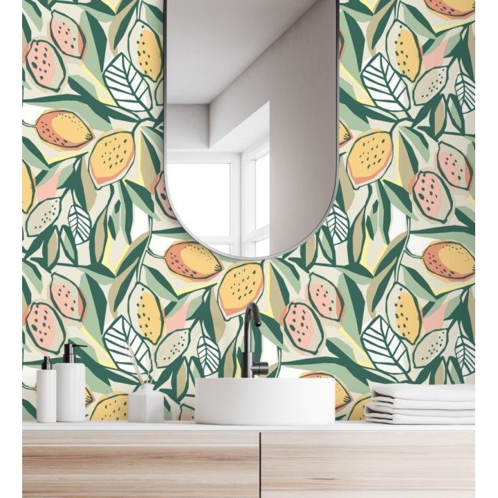 Papel pintado de limones y hojas color naranja y verde - Ginger Lemons 682301